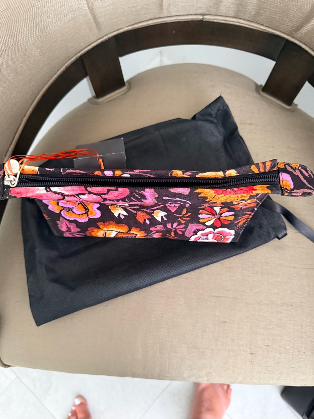 Pineda Covalin Embroidered Floral Cosmetic Bag. Bold Pink & Orange Blooms - Picture 3 of 6